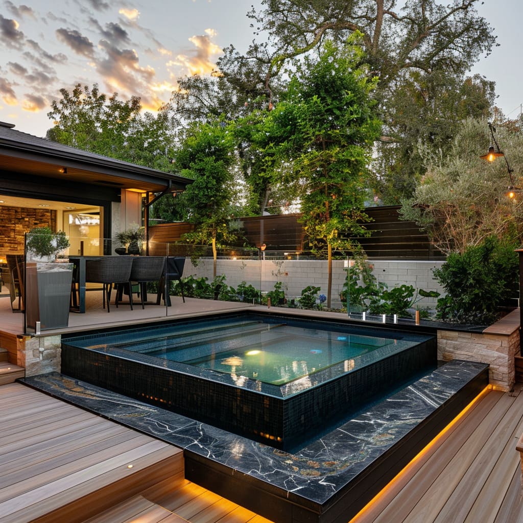 A backyard haven with a semi inground pool and integrated water features